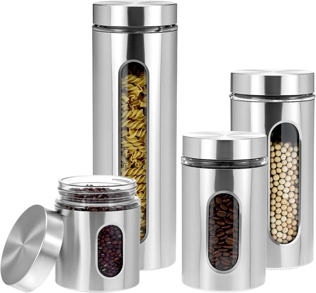QWORK 4pc Stainless Steel Canister Set with Airtight Lids and Glass Window - Food Storage Containers for Kitchen Counter & Pantry Organization