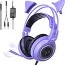 SOMIC G951S Purple Stereo Gaming Headset with Mic for PS4, PS5, Xbox One, PC, Phone, Detachable Cat Ear 3.5MM Noise Reduction Headphones Computer Gaming Headphone Self-Adjusting Gamer Headsets