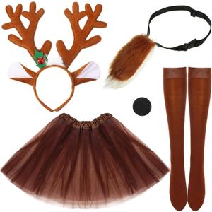 Silkfly 5 Pieces Deer Costume Reindeer Antlers Headband Deer Tail Nose Tutu Skirt Socks Horns Headpiece for Adult Mardi Gras Party Holiday Cosplay Accessories Black