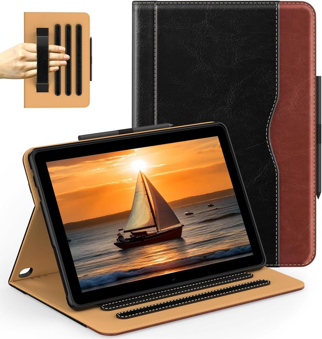 ZoneFoker for Amazon Fire HD 10 Tablet (13th/11th Generation 2023/2021 Released), Auto Wake/Sleep PU Leather Folio Case with Pocket/Multi-Angle Stand/Pen Holder for HD 10/10 Plus, Black/Brown
