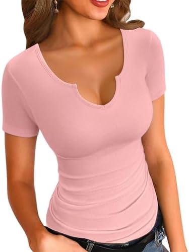 VICHYIE Womens Tops V Neck Summer Short Sleeve Casual Slim Fitted Tshirt Size S