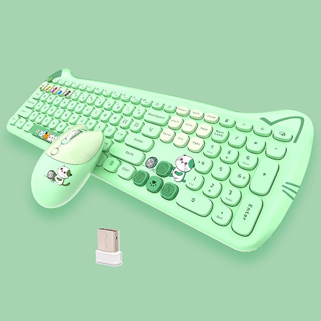 Cute Cat 2.4G USB Wireless Keyboard and Mouse Combo, Silent Keys, Candy Colors, Compatible with Notebook, PC (Green-110Keys)