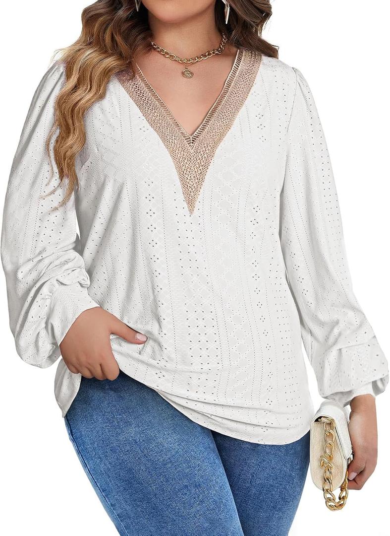Eytino Womens Plus Size Tops Lantern Long Sleeve Lace V Neck Dressy Casual Blouse Loose Tunic Shirts(1X-5X) (White, L)