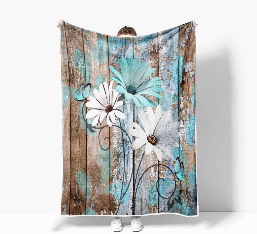 JAWO Farmhouse Flower Floral Throw Blanket, Rustic Teal Turquoise Daisy Fleece Cozy Warm Bed Couch Blanket, Country Blue Fleece Flannel Throws to Decorate The Room and Bedroom Warm Blanket 50X60IN