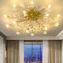Crystal Ceiling Light Fixture Gold Leaves Semi Flush Mount Ceiling Lights,Kitchen Lighting Fixtures Ceiling for Bedroom Living Room Dining Room Hallway (15-heads)