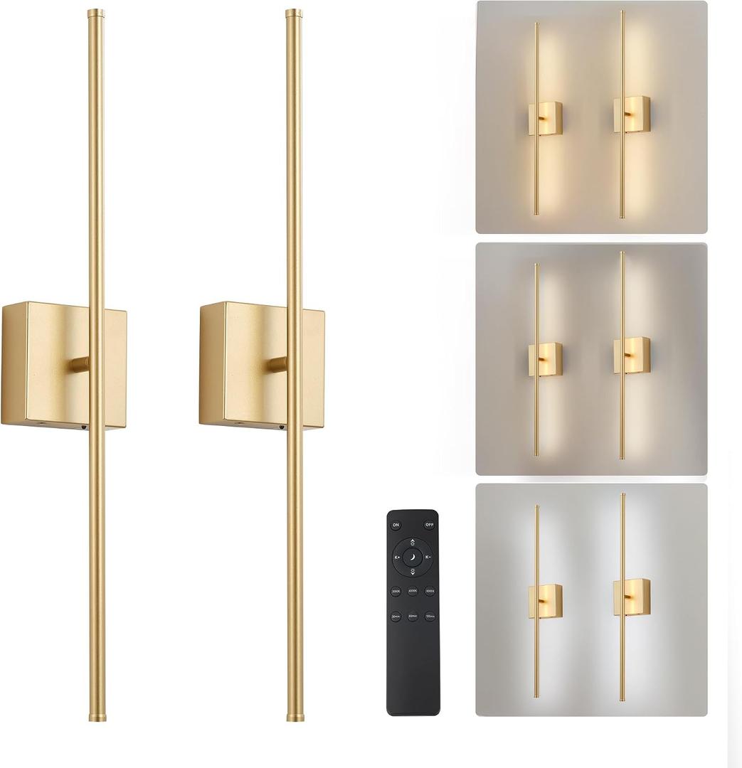 KARTOOSH Removable Battery Operated Wall Sconces with Remote Control, Stepless Colors 3000K-6000K & Dimming, 350Rotate, LED Gold Wireless Wall Light for Living Room, Bedroom, 28.3 Inch (2 Pack)