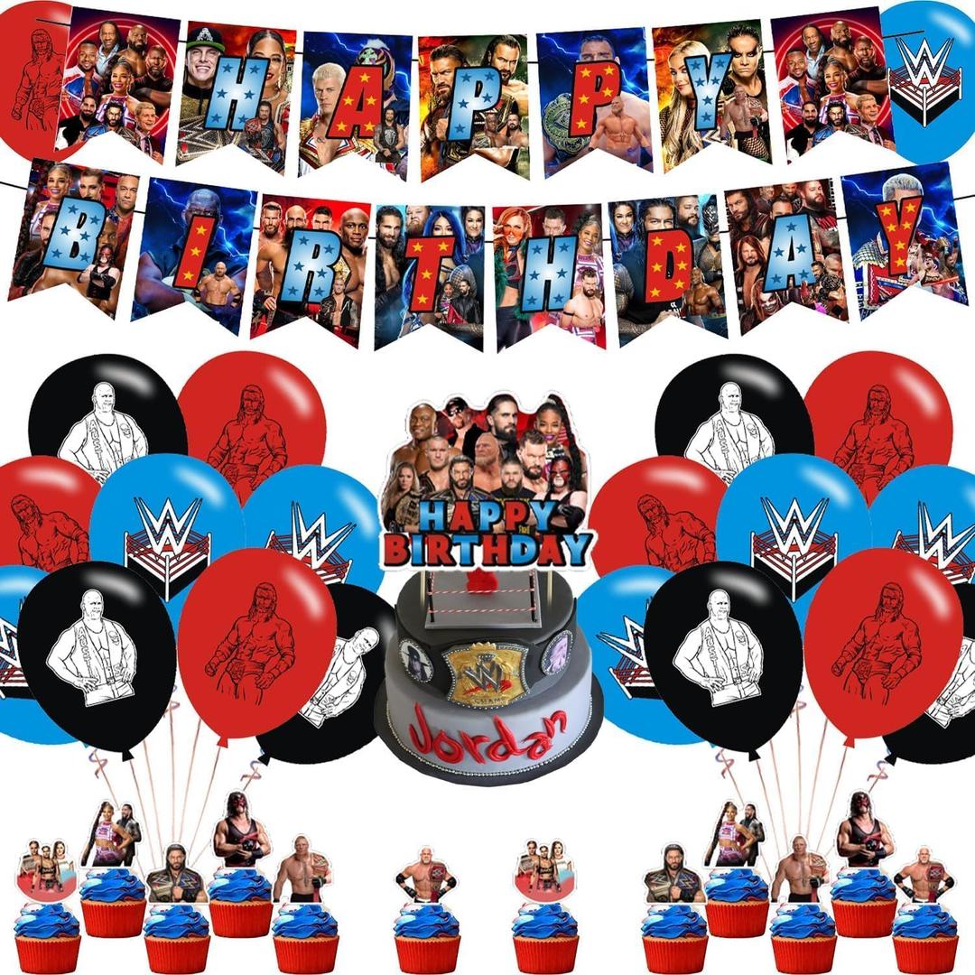 Wrestling Party Decorations,Birthday Party Supplies For Wrestling Party Supplies Includes Banner - Cake Topper - 24Cupcake Toppers - 18 Balloons