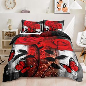 AILONEN Red Rose Duvet Cover Set Queen Size, Grey Retro Couple Rose Comforter Cover Set,3 Pieces Romantic Floral Butterfly Quilt Cover and 2 Pillowcases