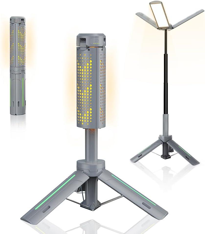 Rechargeable 8000mAh Camping and Work Light with Adjustable Stand 3.4 ft, 3000 Lumen Cordless Work Light Featuring 3 Adjustable Heads, Dimmable Emergency Flashlight with Telescopic Tripod