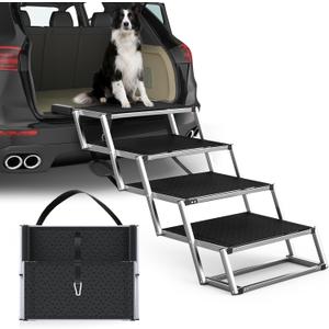 PetRuna Extra Wide Dog Stairs for Large Dogs, Foldable Dog Ramp for Car with Non-Slip Surface, Dogs Stairs for Cars, High Beds, Truck, Supports up to 250 lbs, 4 Steps