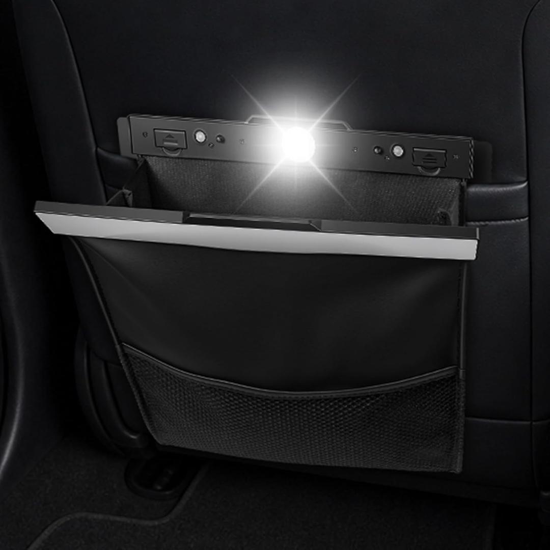 Car Trash Can with Smart LED Light & Magnetic Closure, Nappa Leather car garbage bag with Storage Mesh Pocket, Car Trash Bin as Cars Organizers and Storage for Any Cars, Sedans, SUVs, Trucks