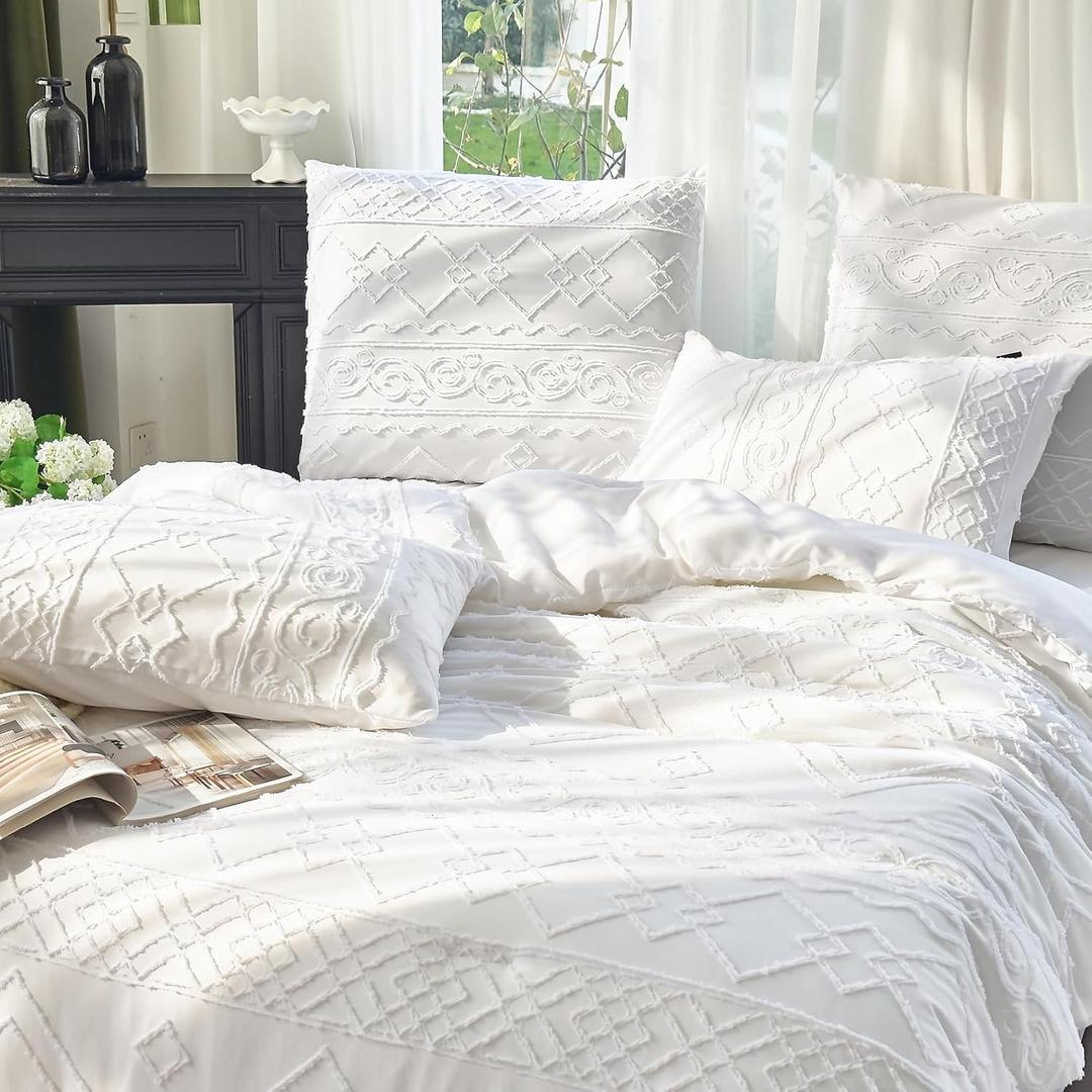 Comforter Set Queen 3 Pieces White Boho Tufted Textured All Seasons Lightweight Fluffy Soft Breathable Microfiber Bedding for Farmhouse Bohemian Decor 1 Comforter 90x90 2 Pillowcases 20x26 | Boho Tufted Bedding, Soft Breathable, 3 Piece Comforter, All Season Cozy, Lightweight Warm Set