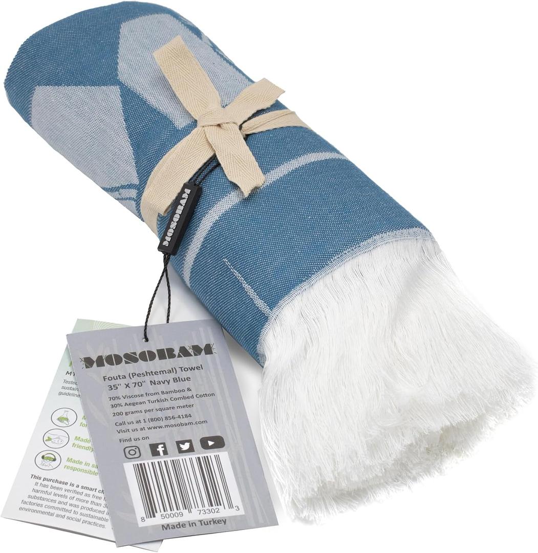 Mosobam Soft Fouta Peshtemal 35X70, Navy, Fall Cacala Fleece Blankets, Luxury Scarf Sarong, Hamam Towel, Lightweight Travel Outdoor Picnic Blanket Throw, Viscose Made from Bamboo - Turkish Cotton