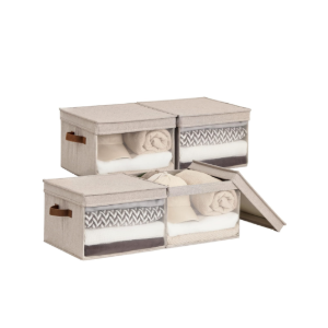 StorageWorks Storage Bins with Lid and Clear Window, Fabric Storage Boxes with Lids, Stackable Basket for Shelves, Closet Organizer and Storage Bins, Brown and Beige, Large, 4-Pack, 13 1/2"x13 1/2"x9 1/4