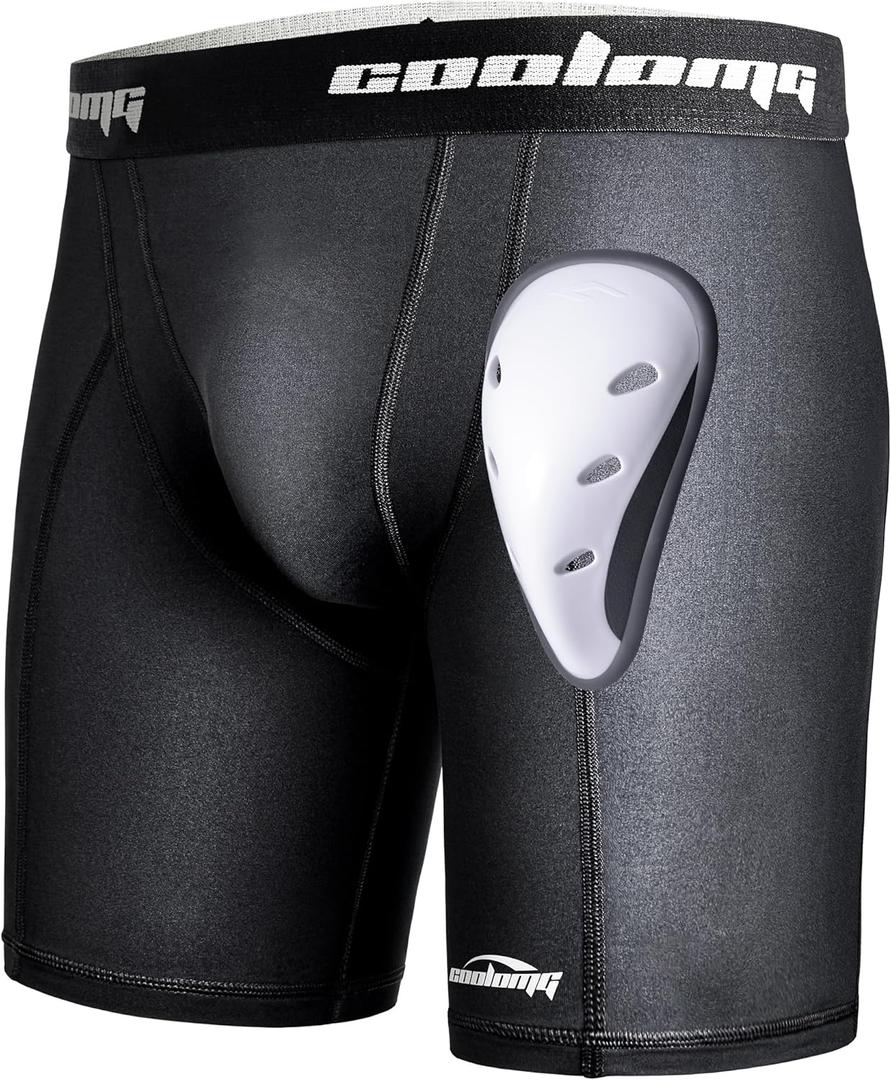 COOLOMG Mens Compression Shorts with Cup Athletic Sliding Underwear for Baseball Football MMA Lacrosse Field Hockey (Medium, Black)