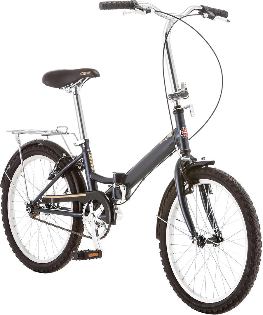 Schwinn Hinge Adult Folding Bike, 20-inch Wheels, Rear Carry Rack, Carrying Bag, Multiple Colors (Grey)