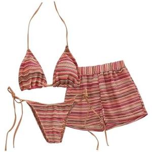 GORGLITTER Women's 3 Pieces Bathing Suit Sets Striped Triangle Top and High Cut Thong Bikini Set with Cover Up Shorts Size Medium