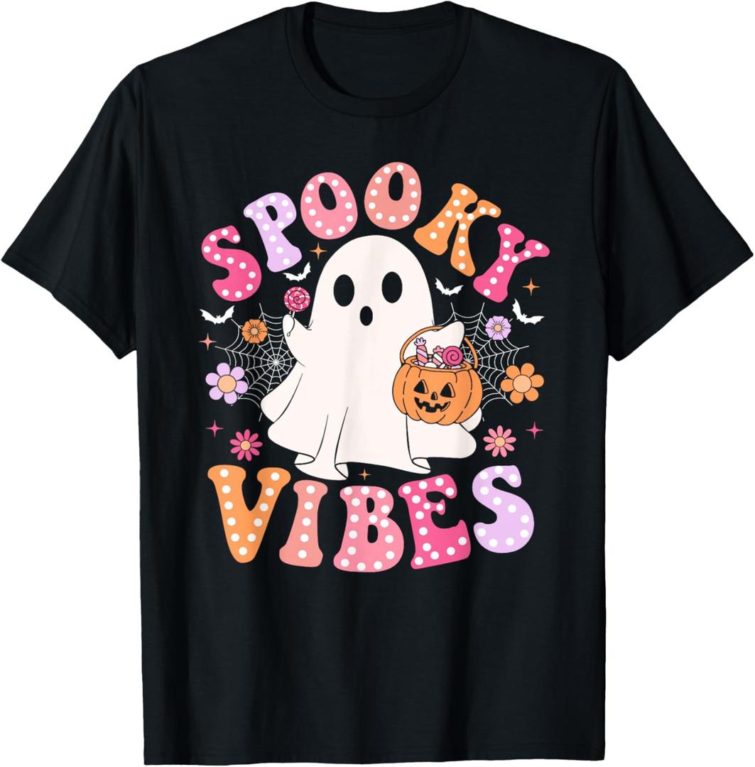 Spooky Vibes Ghost Retro Groovy Halloween Women Girls Kids T-Shirt, M size