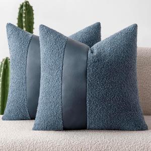 MIULEE Boucle Throw Pillow Covers 18x18 Inch Set of 2 Denim Blue Faux Leather Textured Decorative Pillow Cases Boho Farmhouse Accents Cushion Covers for Couch Bed Livingroom Home Decor