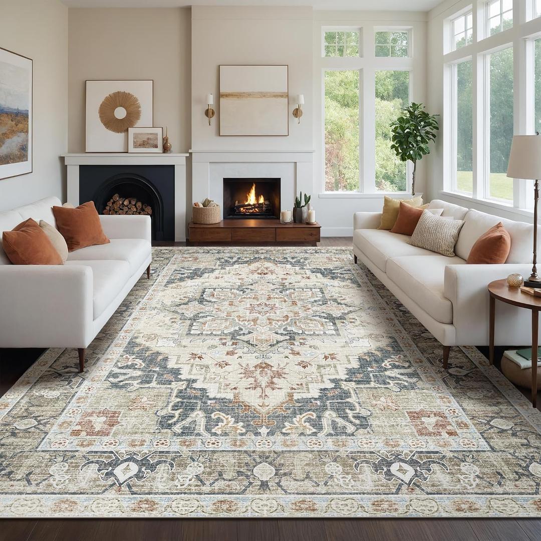 Kokia Washable Area Rugs 9x12 Living Room Boho Non Slip Thin Carpet Stain Resistant Vintage Linen Printed Oriental Foldable Distressed Rug for Bedroom Indoor House (9'x12'-No pile tight, Linen/Gray/Onyx/Chestnut)