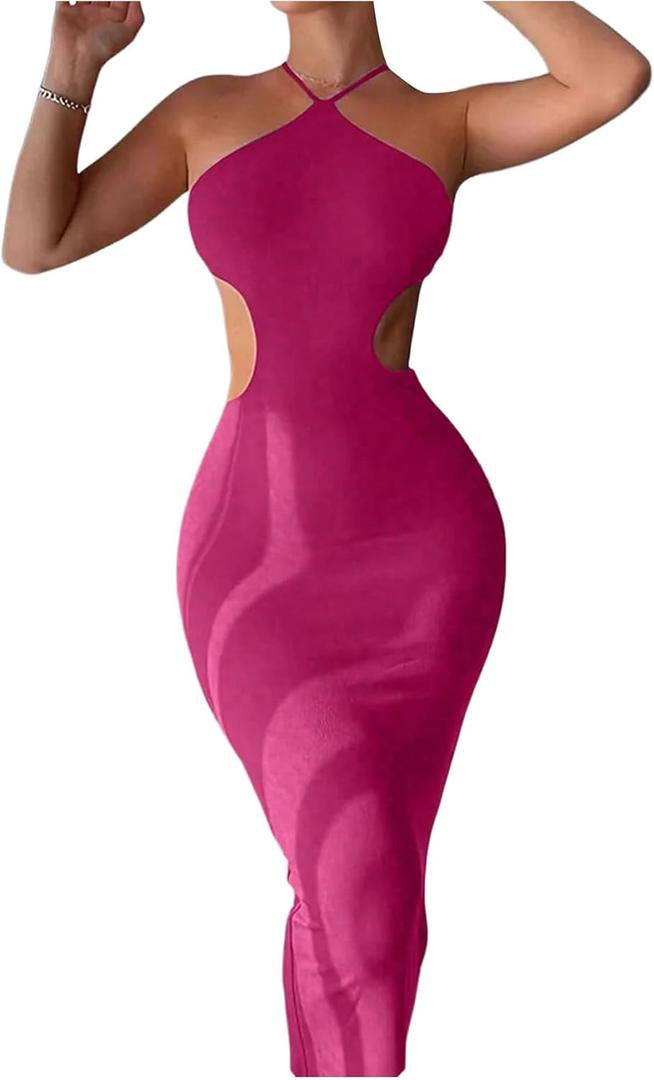 Milumia Women's Summer Beach Sleeveless Ribbed Tie Back Long Cut Out Halter Backless Maxi Bodycon Dress (Hot Pink) Milumia Women's Summer Beach Sleeveless Ribbed Tie Back Long Cut Out Halter Backless Maxi Bodycon Dress (Hot Pink)