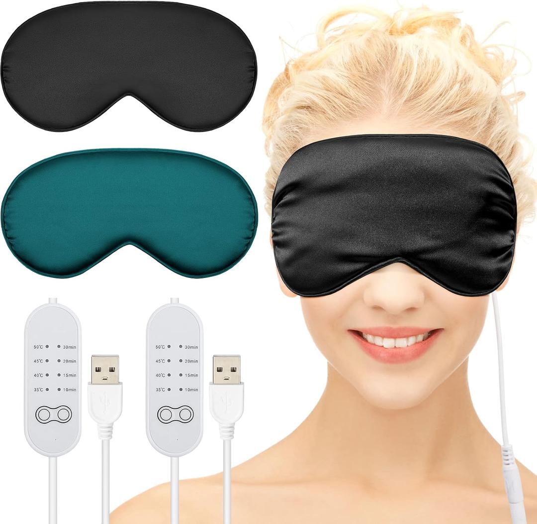 2 Pieces Silk Heated Eye Mask for Dry Eyes USB Steam Warm Compress for Puffy Eyes Adjustable Temp Sleep Eye Mask for Dry Eye, Chalazion, Blepharitis, Stye (Black, Green)