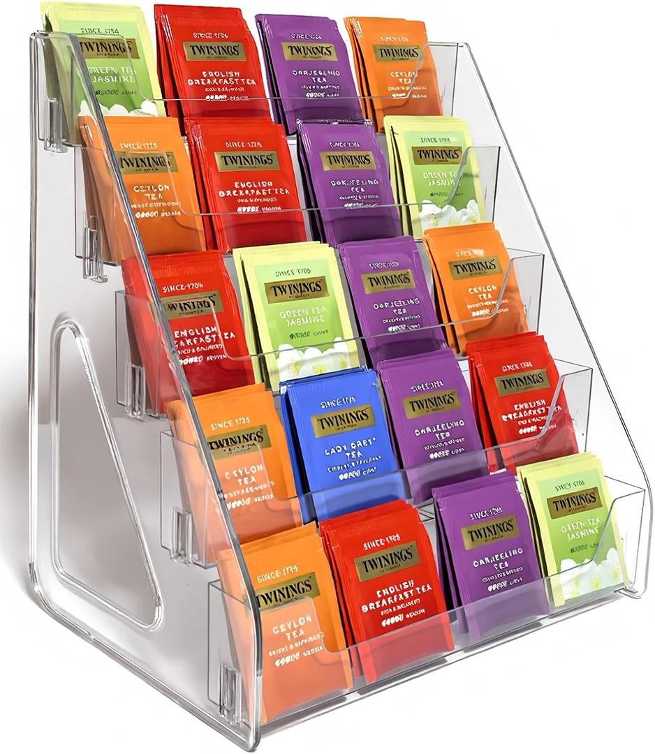 Tea Bag Organizer 5 Tier Tea Storage, Acrylic Tea Storage Chests for Kitchen, Office, Countertop, Cabinet Pantry, Tea Bag, Coffee, Sugar Packets, Creamers Holder