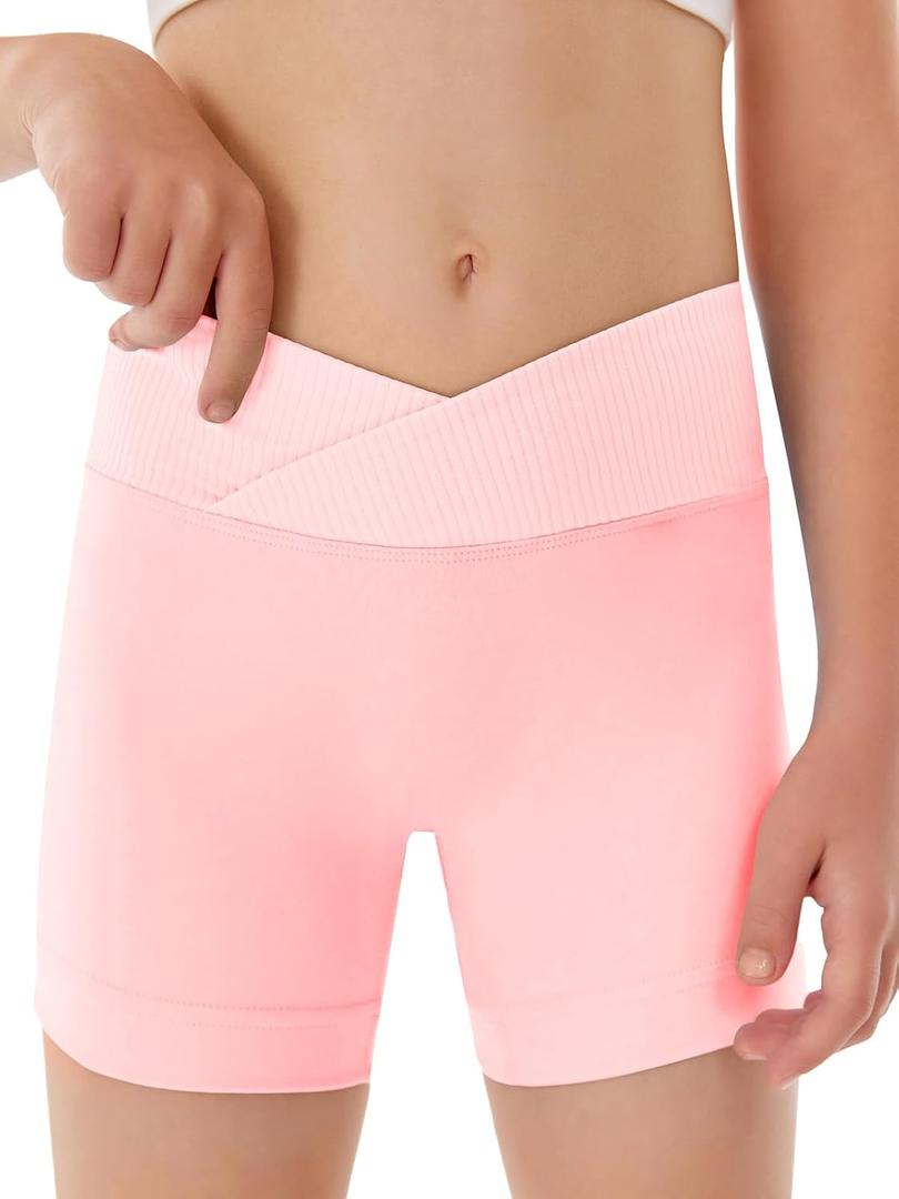 Girls Athletic Shorts Slim Tummy Control V Cross Waist Short Leggings Bike Dance Gymnastics Shorts (Pink)