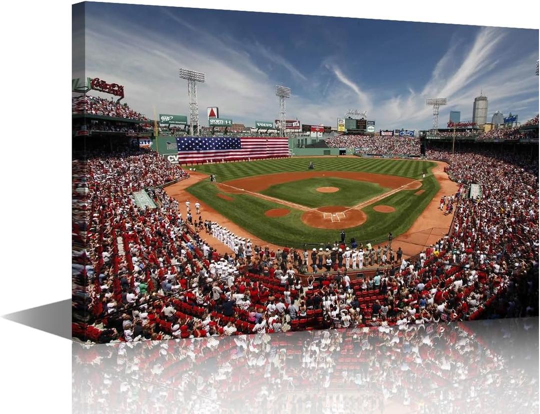 TUMOVO Boston Fenway Park Canvas Wall Art for Bedroom Baseball Stadium Skyline Wall Art for Living Room Sports Field Wall Art Decor Modern Artwork for Home Walls Giclee Framed Ready to Hang 24x16in