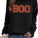 MYHALF Halloween Sweatshirt for Women Boo Embroidered Sweaters Cute Spooky Season Shirt Long Sleeve Fall Winter Pullover Tops (Black, L)