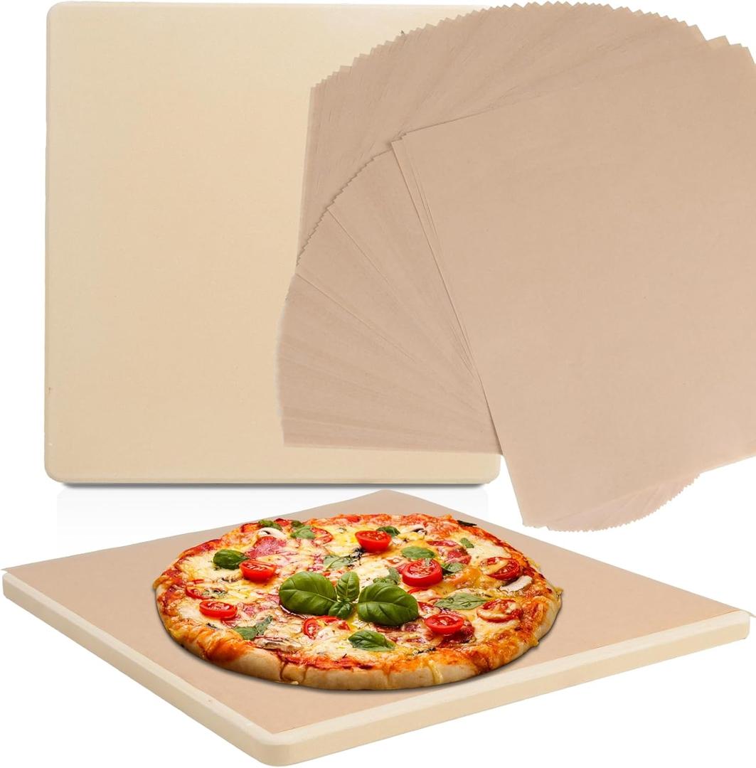 10 Inch Small Pizza Stone with Parchment Paper(50 pcs) for Camp Oven 10x11x0.5, Garpernics Rectangular Cordierite Baking & Grilling Stone for Grills and Air Fryers Fit for Coleman Camp Oven