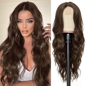 NAYOO Long Dark Brown Wavy Wig for Women 26 Inch Middle Part Curly Wavy Wig Natural Looking Synthetic Heat Resistant Fiber for Daily Party Use (Dark Brown)