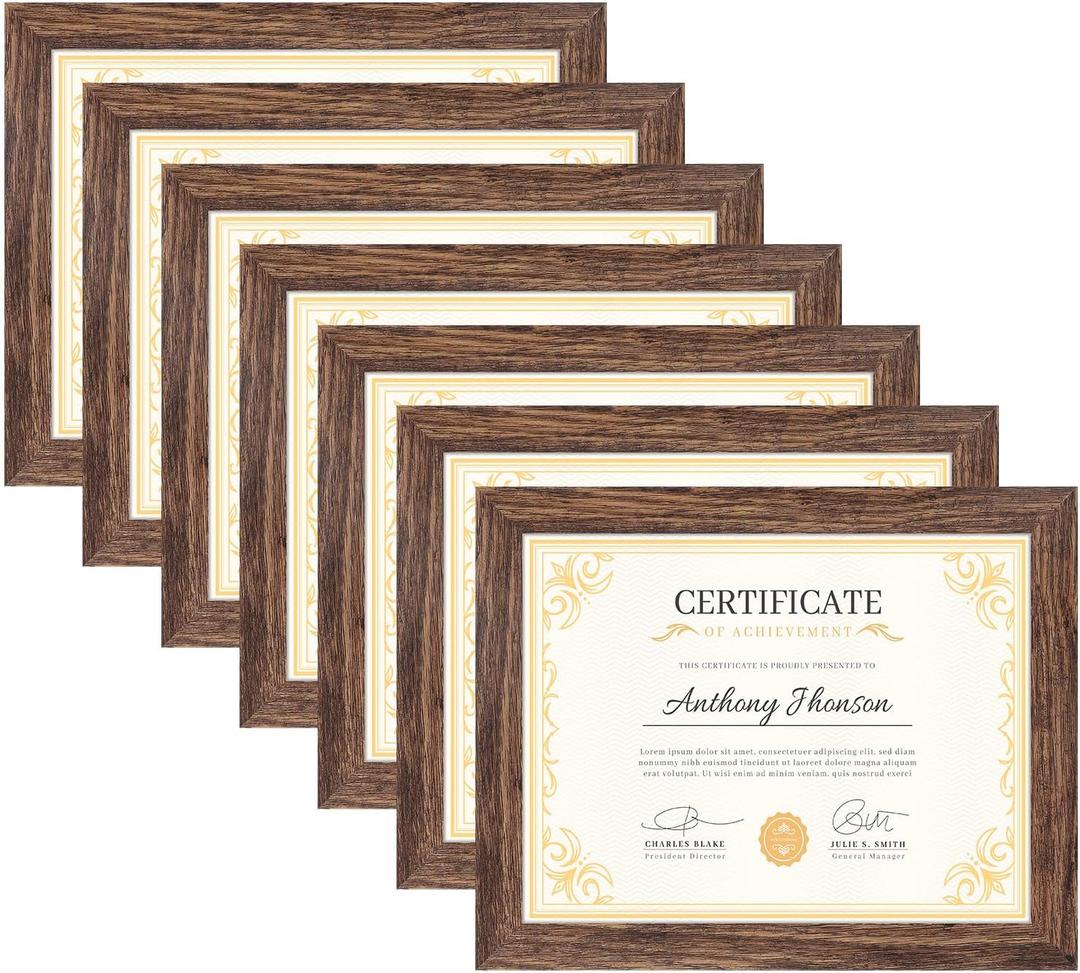 PETAFLOP 8.5x11 Picture Frame Set of 7, Rustic Certificate Frame Display 8.5 by 11 Inch Photo for Wall or Tabletop (Distressed Brown)