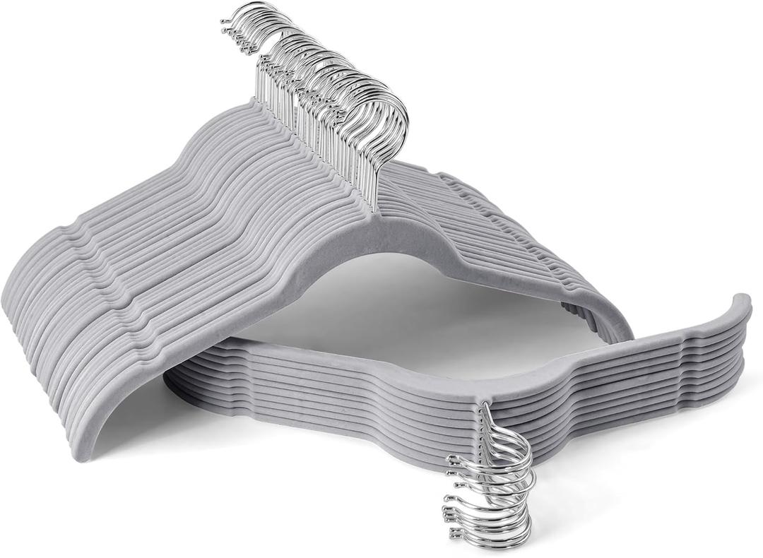 Premium Velvet Shirt Hangers 50 Pack, Space-Saving Non-Slip Felt Hanger with 360 Swivel Hook, Slim Flocked Hangers for Strappy Dresses, Blouses, Tank Tops(Grey) (Gray)
