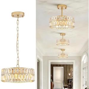 CATINER Small Gold Crystal Chandeliers, Modern Semi Flush Mount Chandelier 4-Light Drum Crystal Ceiling Pendant Light Fixture 12” for Foyer Entryway Kitchen Hallway Dining Room