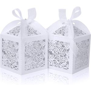 100pcs Laser Cut Favor boxes, Wedding Favors Candy Boxes with Ribbons and Tags, Small Gift Boxes for Wedding,Party,Baby Shower,Bridal Shower (100-2x2x2.76", White)