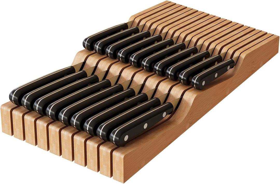 In-Drawer Knife Block Organizer - Bamboo Wood Drawer Knife Organizer-Protecting Knife Organizer Block (Not Included) (Natural, 19 Knives Dock)