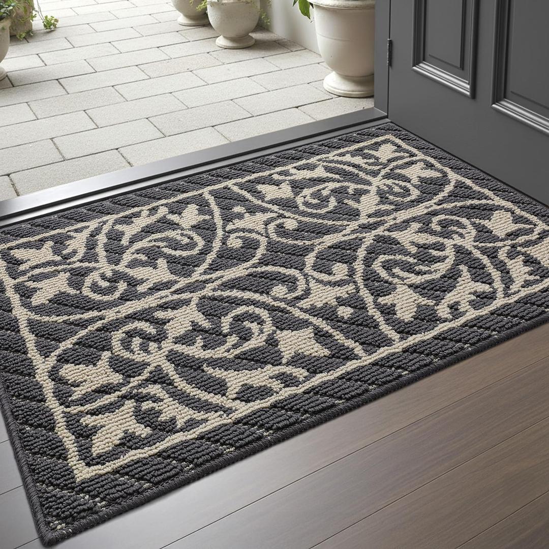 DEXI Front Door Mat Indoor Entryway, Inside Welcome Entrance Doormat Low Profile Thin, Non Slip Washable Entry Mats for House Floor Dirt Trapper, 20x32, Dark Gray