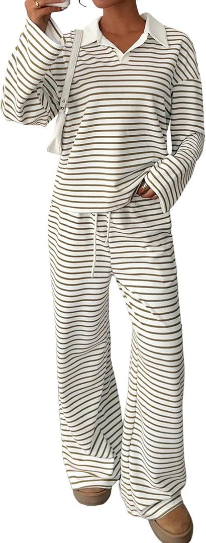 Sweetmoon 2 Piece Lounge Sets for Women Tall Oversized Sweatshirt Wide Leg Matching Pajamas Set Airport Travel Outfit Women (X-Large, Khaki Striped)