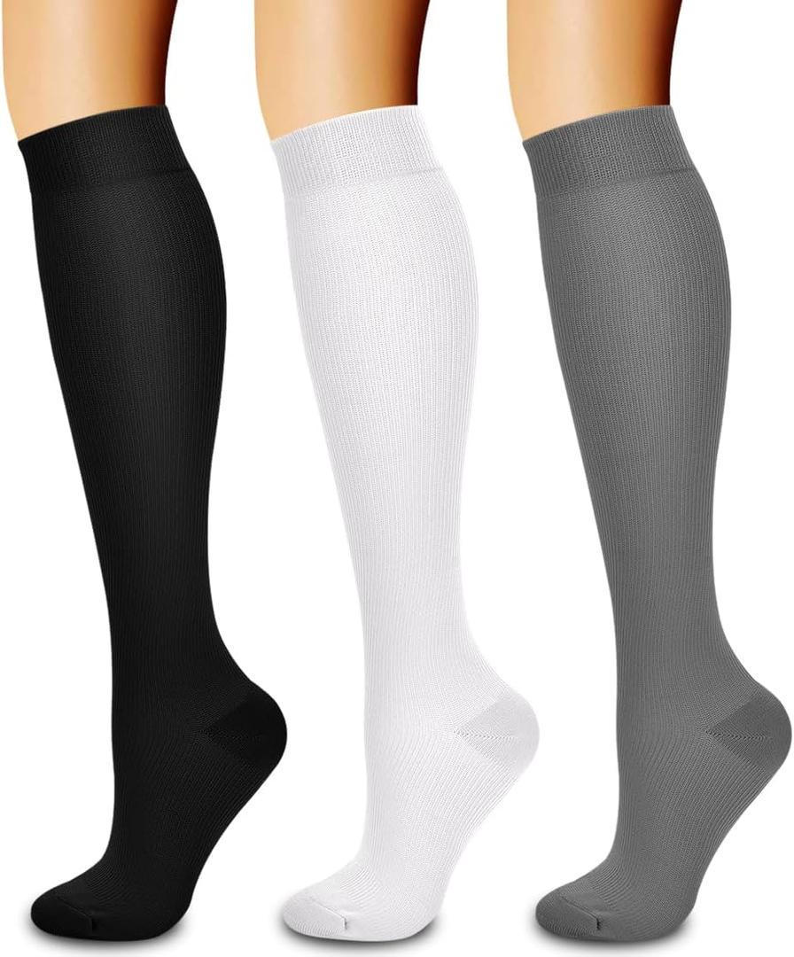 Laite Hebe 3 Pack Medical Compression Sock-Compression Sock For Women and Men Circulation -Best for Running,Nursing,Athletic Sports (Small-Medium, 02-black/White/Grey)