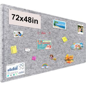 Large Bulletin Board, 72x48 Inches Cork Board Alternative, Large Felt Board Decorative Pin Board for Wall, Foldable Photo Board Self-Adhesive Vision Board with 36 Pushpins Light Gray