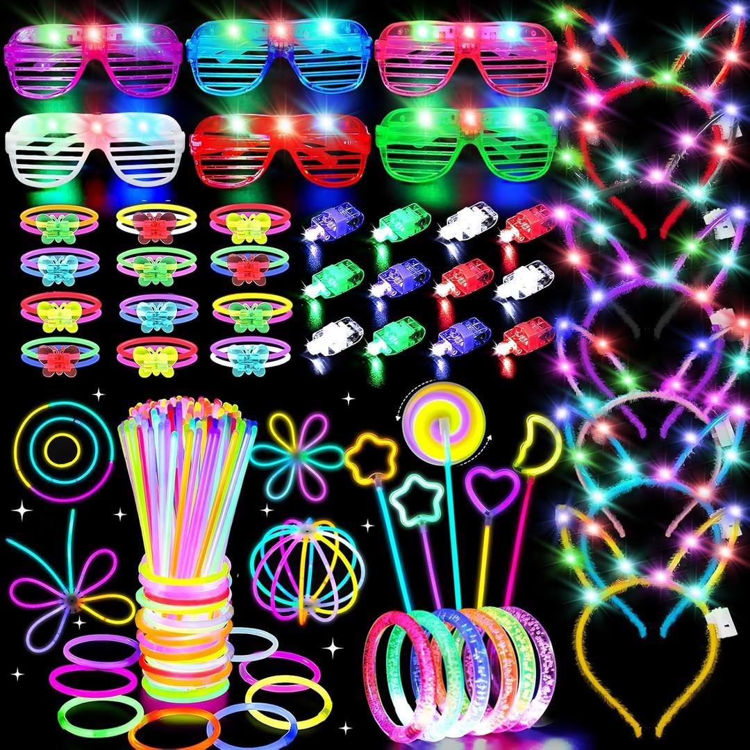 156Pcs Glow in The Dark Party Supplies for Kids Adults, Light Up Birthday Party Favor for Kids 4-8 8-12, 100 Glow Sticks DIY Necklaces Rings Wands, LED Glasses Bracelets Neon Decorations Accessories