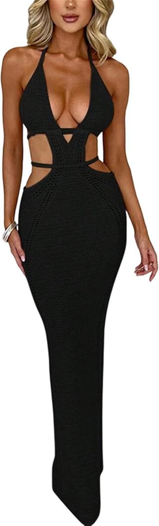 Women Sexy Crochet Maxi Dress Cut Out Halter V Neck Backless Knit Bodycon Long Dress Summer Beach Evening Party Dresses (Small, Black 3)
