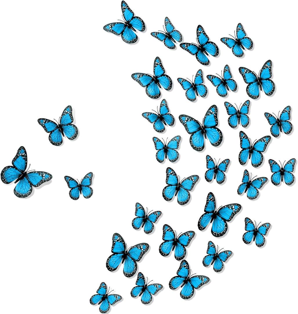 Chuangdi 48 Pcs Blue Monarch Butterfly Decorations 3 Size Fake Butterflies Realistic Butterfly Craft Artificial Mariposas Wall Decor for Craft Wedding Home Birthday Party (3.2inch,4inch,4.7inch)