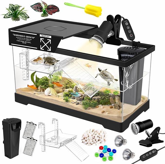 GOZILLA Aquatic Turtle Tank Kit+Lamp+Filter, Upgrade PC Turtle Tank Starter Kit with Adjustable Lamp & Filter,Reptile Habitat with Lid,Hanging Platform for Small Reptiles.(15.75×7.9×9''/Black Kit)