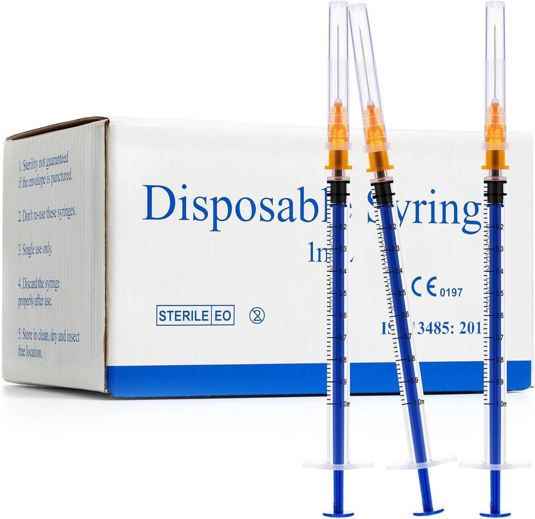 100 Pack 1ml 25Ga 1" Syringe with Needle,1ML Syringes 25G, Scientific Supplies, Disposable Individually Wrapped 2 Pack