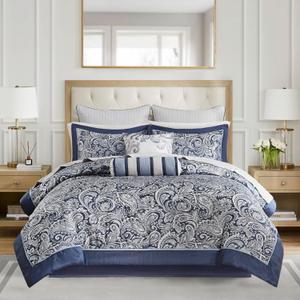 Madison Park Aubrey Cozy Comforter Set, Faux Silk Jacquard Paisley Design - All Season Down Alternative Bedding with Cotton Bed Sheets, Bed Skirt & Toss Pillows, Queen Navy 12 Piece
