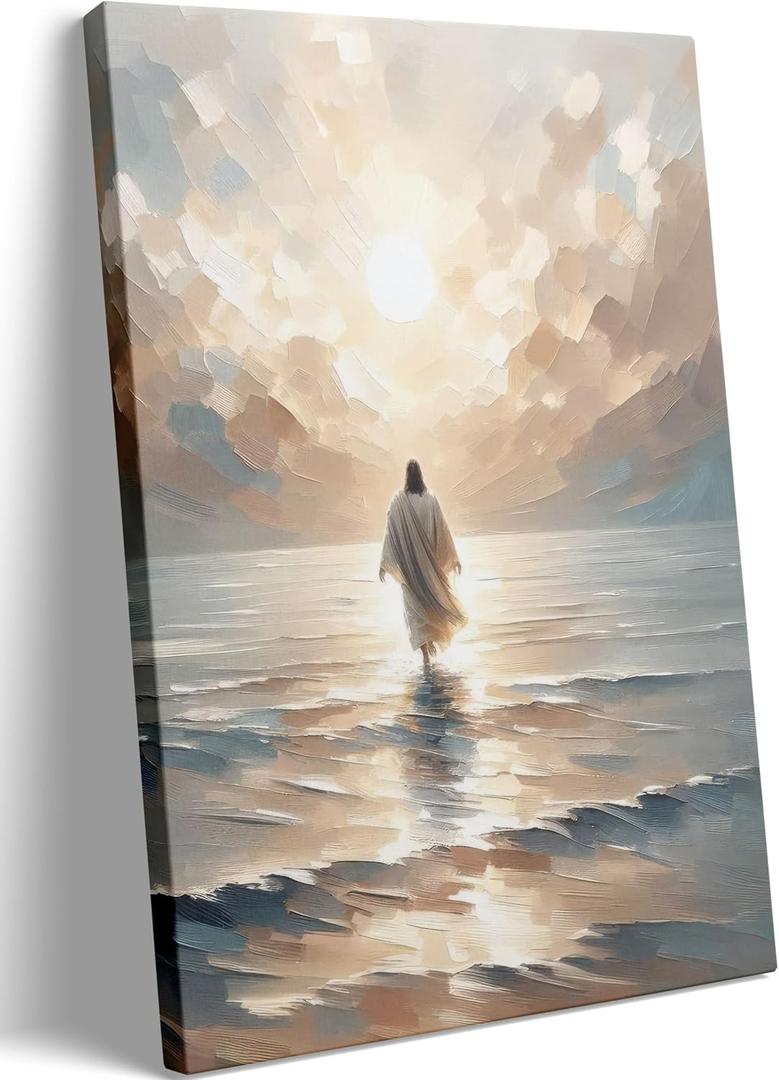 Jesus Walking on Water Canvas Wall Art Jesus Christian Posters Prints Sacred God Walking on Ocean Beach Painting Pictures for Living Room Bedroom Bathroom Office Wall Decor Framed (24L" x 36W", #1color)