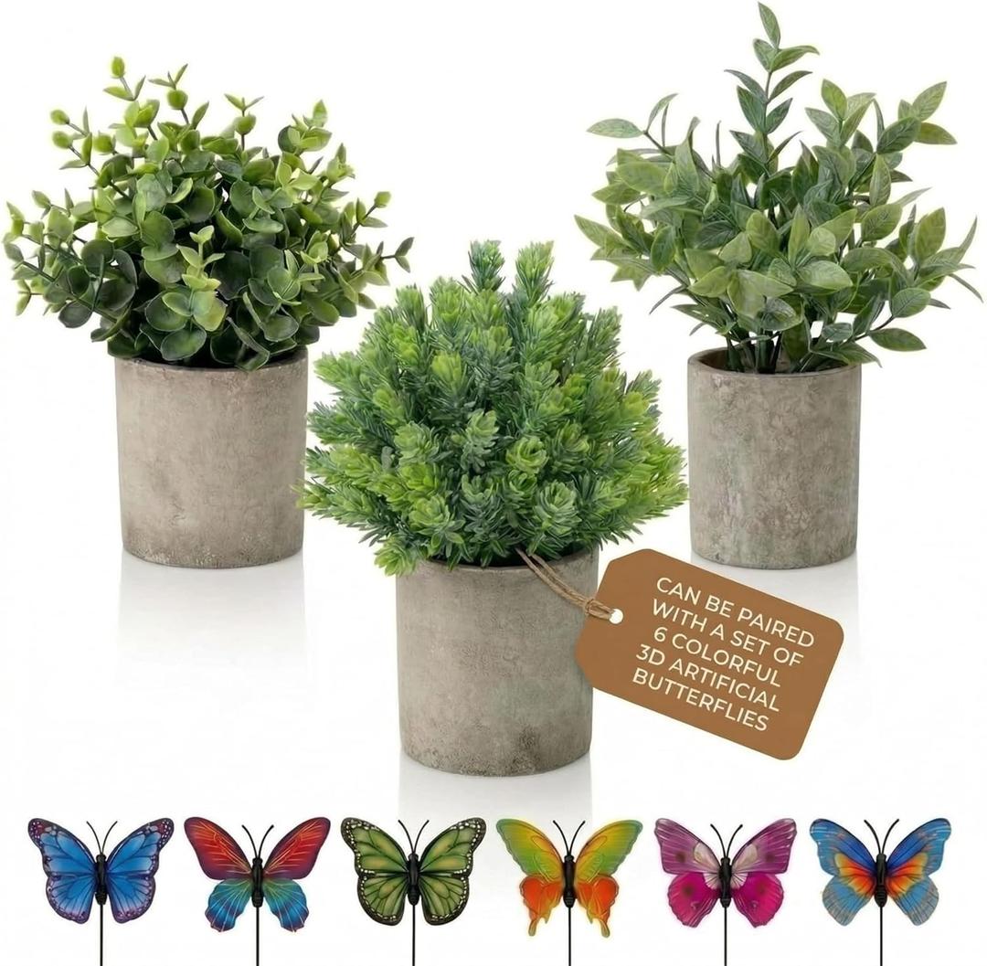3 Pack Mini Potted Fake Plants Artificial Eucalyptus & Greenery Topiaries with 6 Butterflies,Artificial Plants for Shelf Desk Home Bathroom Farmhouse Room Coffee Table Decor