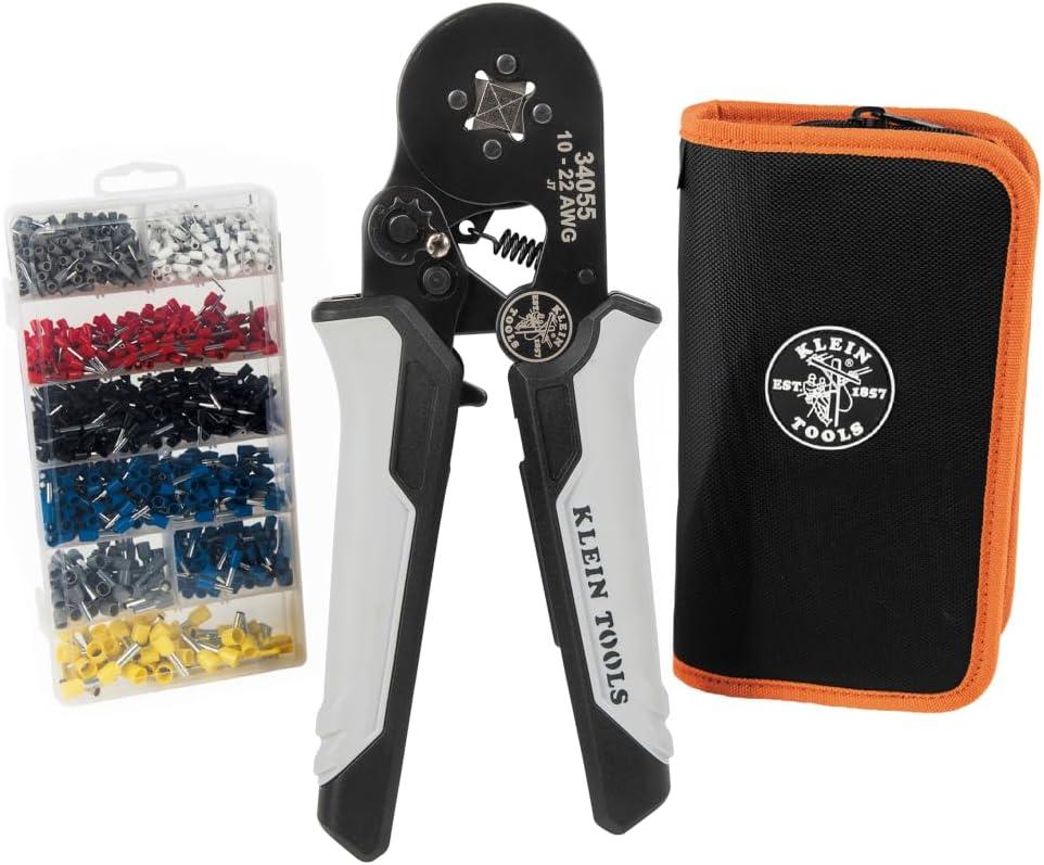 Klein Tools 34060 Ferrule Crimping Tool Set with Ratcheting Square Crimper Pliers, 1200 Wire Terminals (10-22 AWG), and Soft Carrying Case for Electrical Applications